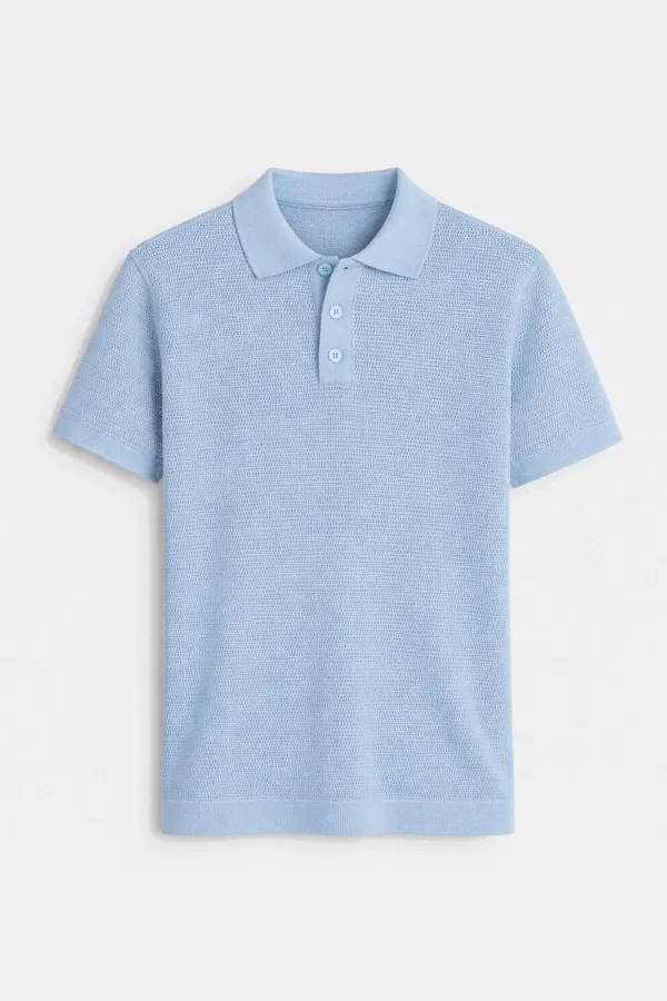 T-shirt homme à col polo texturé en maille bleue Antioch