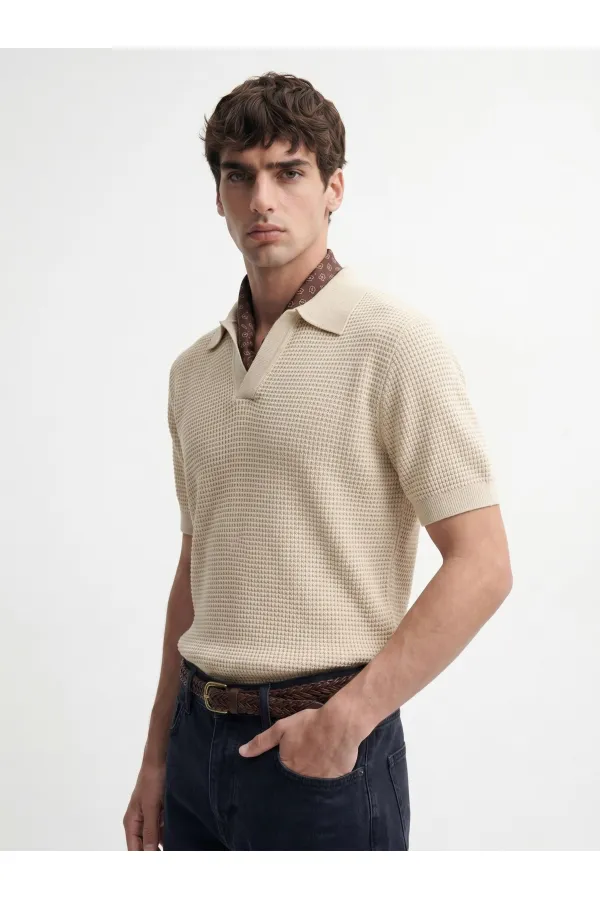 Antioch Beige Knitted Textured Polo Collar Men's T-Shirt Antioch Beige Knitted Textured Polo Collar Men's T-Shirt