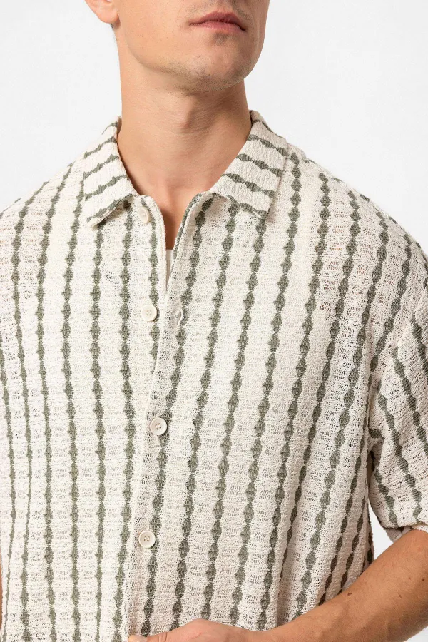 Antioch Khaki Striped Knitted Short-Sleeved Men's Shirt