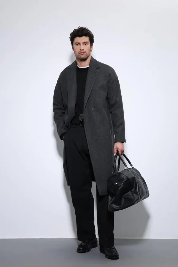Antioch Antrasit Kuşaklı Oversize Erkek Kaban