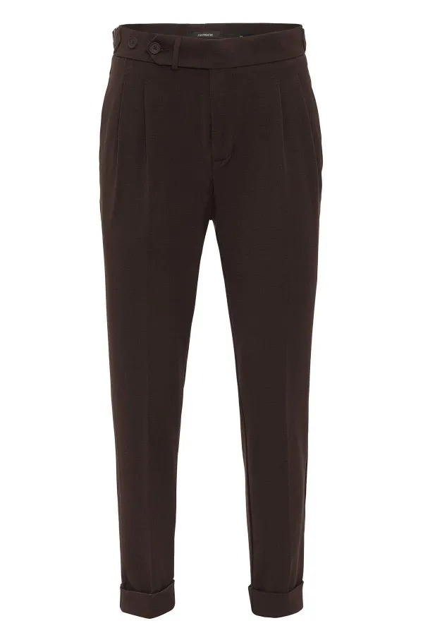 Pantalon homme Antioch marron foncé à taille haute plissée et coupe carotte