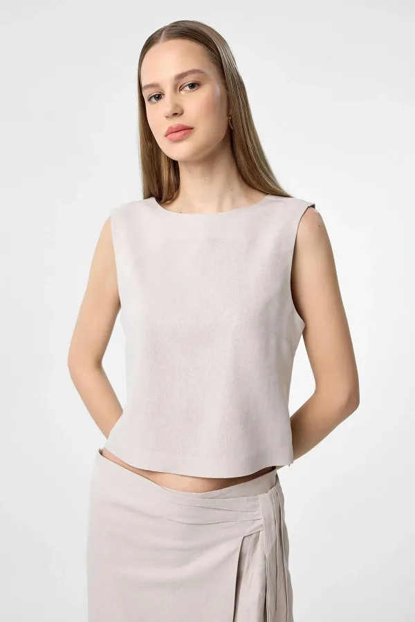 Antioch Bej Keten Karışımlı Kadın Bluz