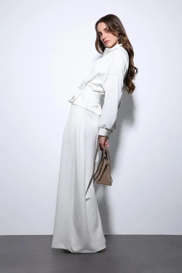 Antioch Ekru Bel Kemerli Geniş Paça Pantolonlu Takım