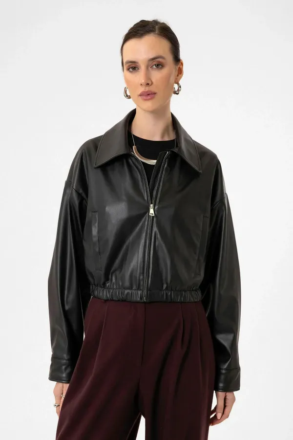 Antioch Siyah Crop Suni Deri Kadın Ceket