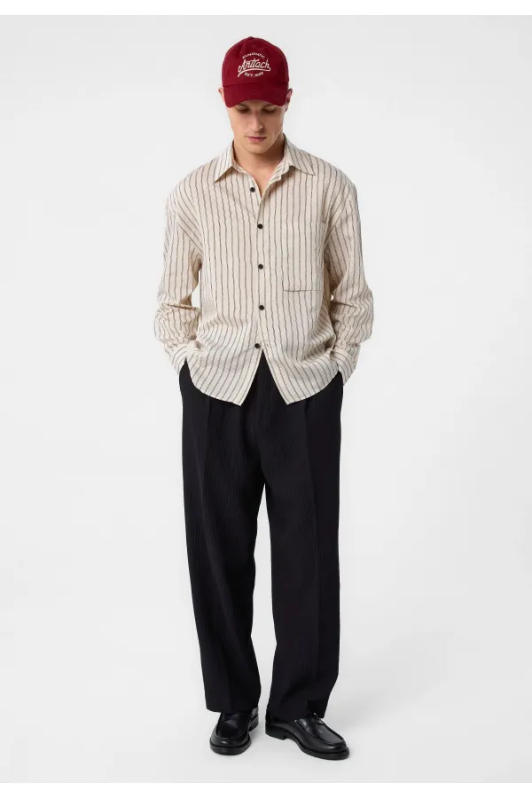 Antioch Bej Relax Fit Çizgili Erkek Gömlek