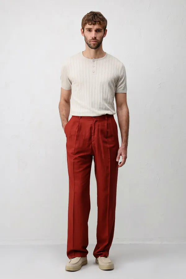 Antioch Kiremit Keten Karışımlı Erkek Baggy Pantolon