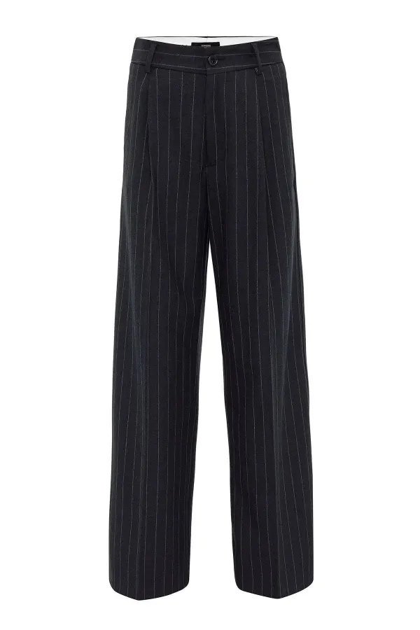 Antioch Lacivert Kadın Yüksek Bel Pileli Çizgili Pantolon