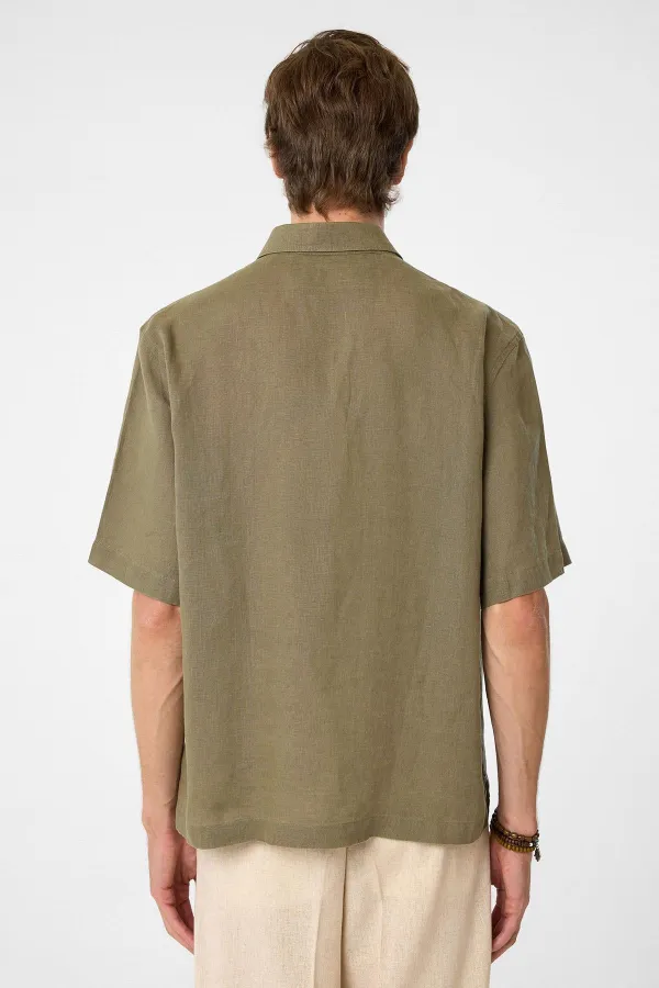Antioch Haki 100% Keten Relaxed Erkek Gömlek