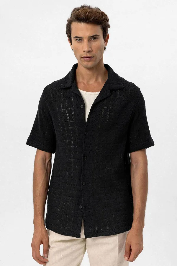 Antioch Black Apache Collar Square Knit Men's Shirt