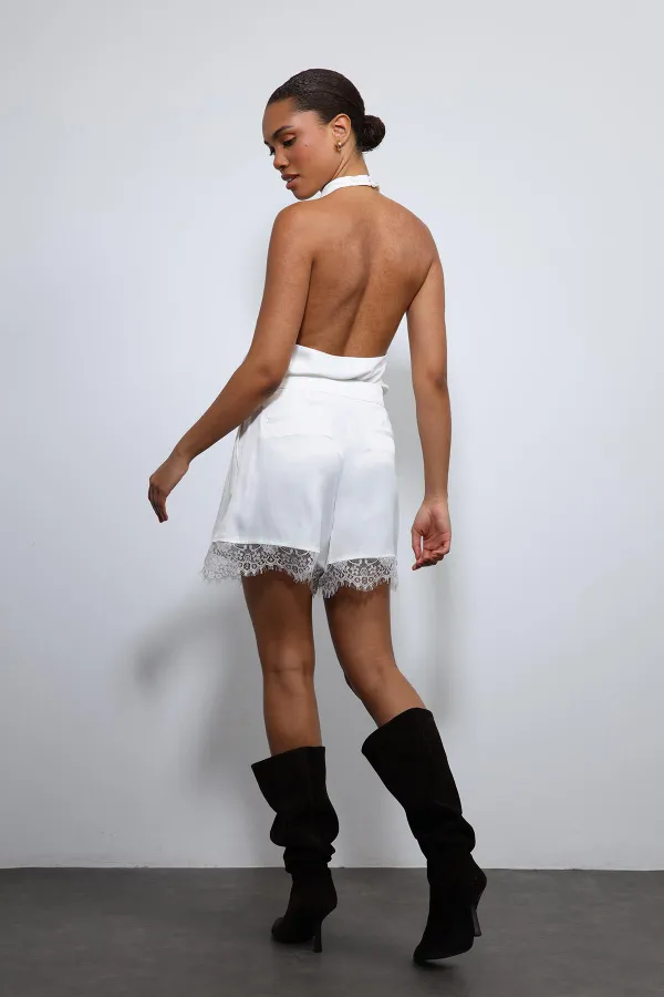 Antioch Ekru Dantel Detaylı Saten Şort