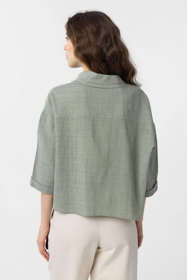 Antioch Haki Crop Dokulu Kadın Gömlek