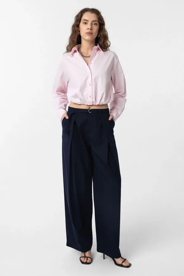 Antioch Lacivert Kemerli Pilili Kadın Pantolon