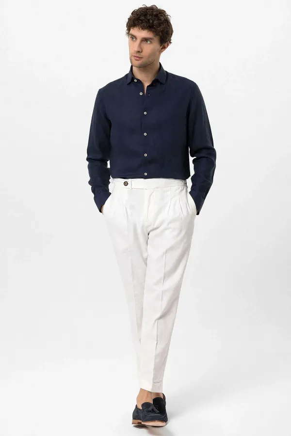 Antioch Lacivert Yaka Düğme Detaylı %100 Keten Erkek Gömlek