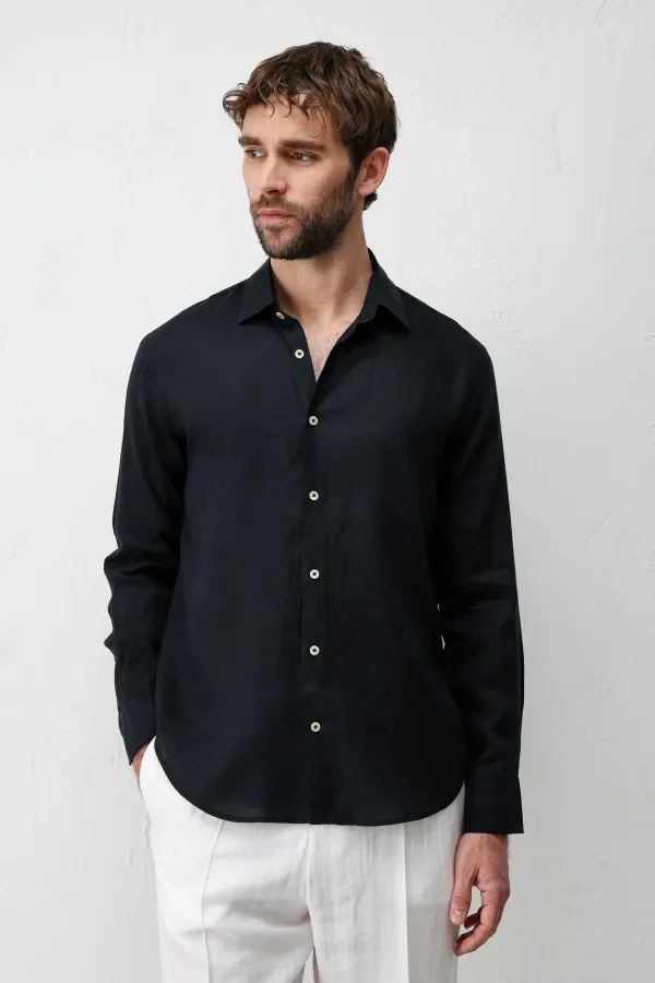 Antioch Siyah 100% Keten Relax Fit Erkek Gömlek