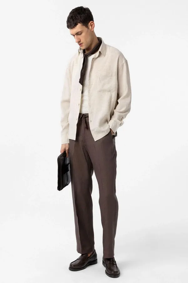 Chemise homme Antioch beige en lin mélangé, coupe décontractée