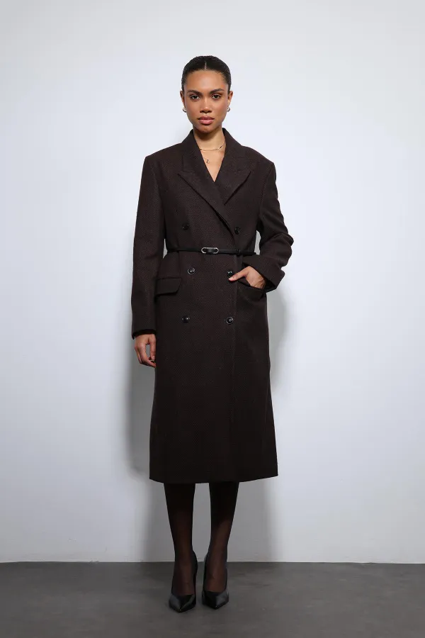 Antioch Kahve Balıksırtı Desenli Kemerli Kaban