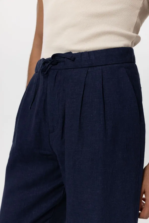 Antioch Navy Blue Linen Blend Baggy Men's Trousers with Belt