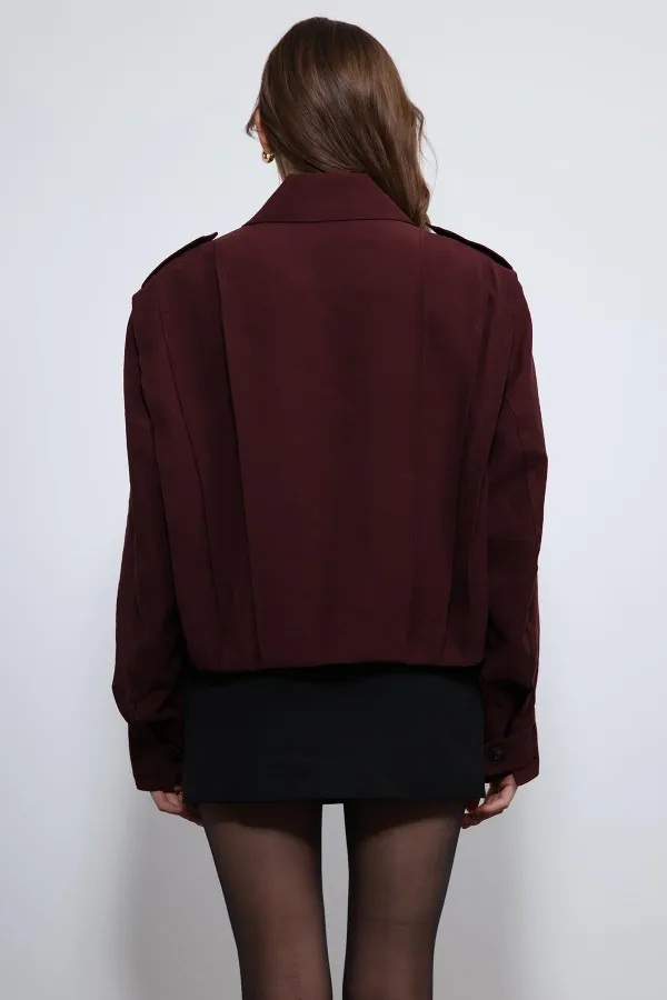 Antioch Burgundy Pleated Detail Stand Collar Coat