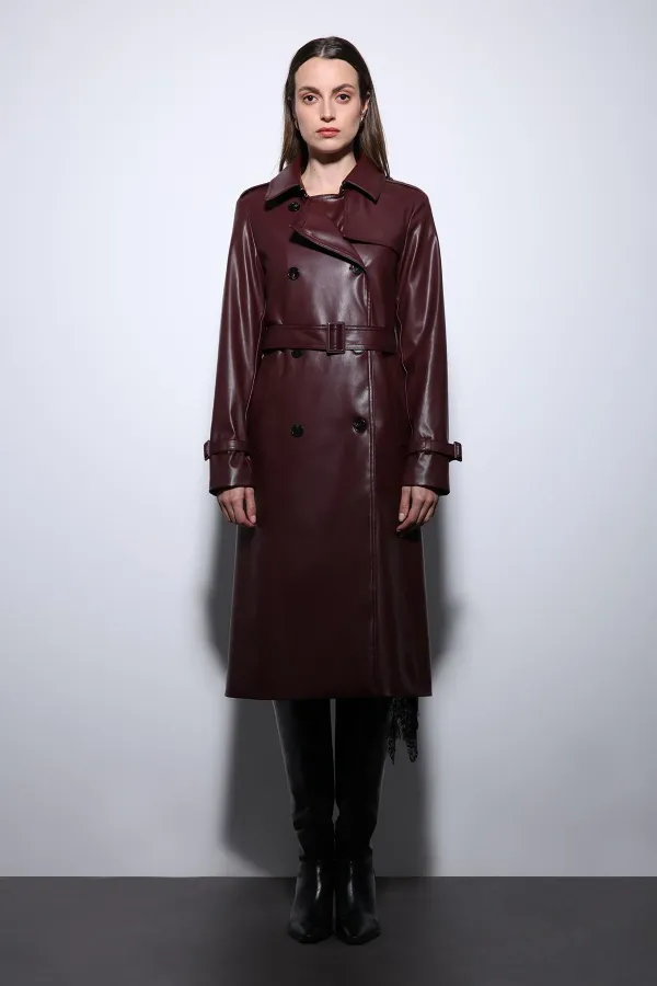 Trench-coat ceinturé en similicuir bordeaux pour femme, style Antioch