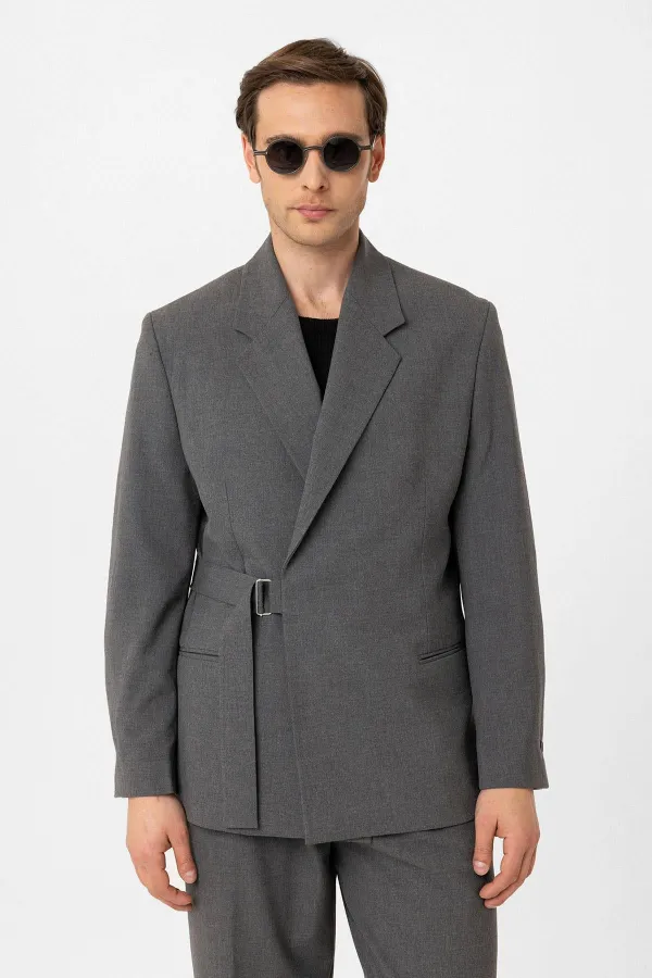 Antioch Gri Kuşaklı Relax Fit Erkek Blazer Ceket
