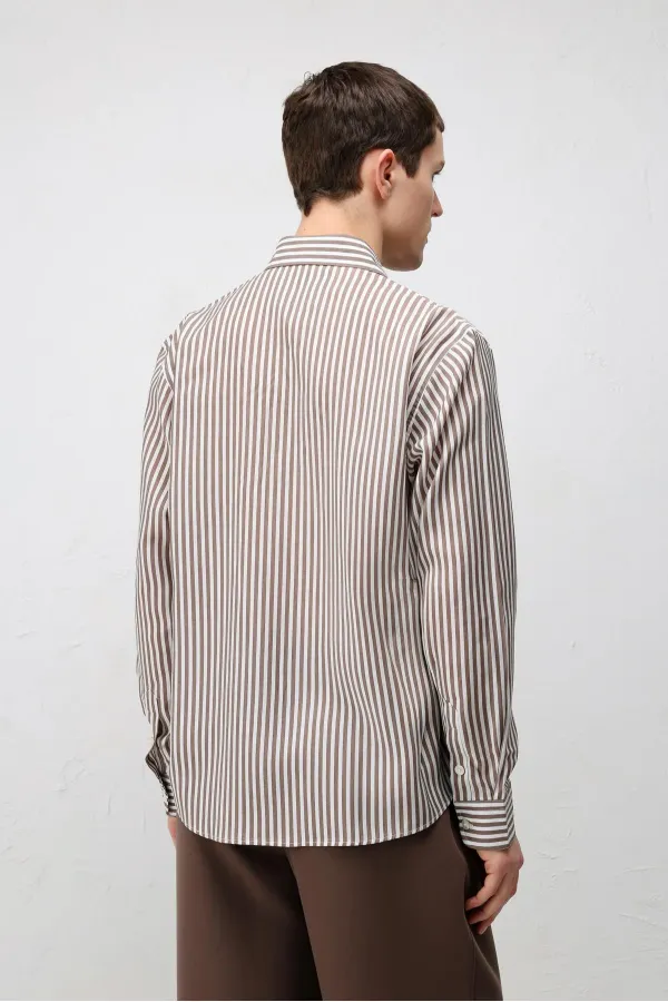 Antioch Kahve Lyocell Karışımlı Relax Fit Çizgili Erkek Gömlek