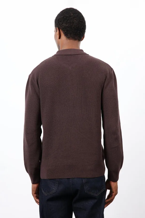 Antioch Kahve Fermuarlı Erkek Triko Kazak