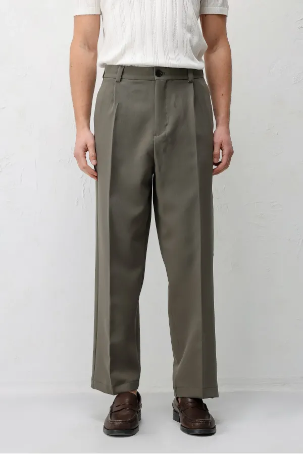 Antioch Dark Khaki Relax Fit Baggy Pleated Men's Trousers