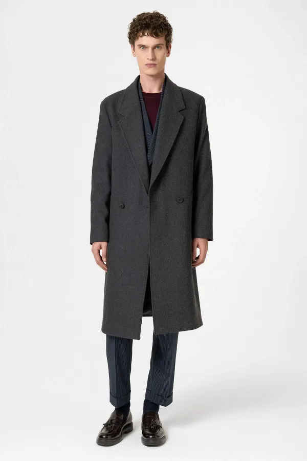 Antioch Antrasit Yün Karışımlı Balıksırtı Kruvaze Erkek Kaban