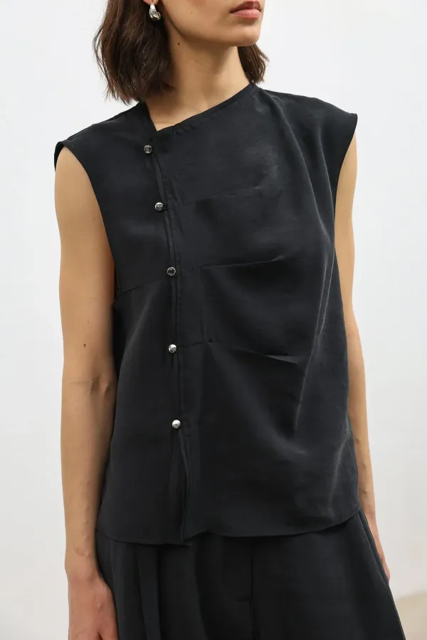 Antioch Siyah Lyocell Karışımlı Düğmeli Kadın Top