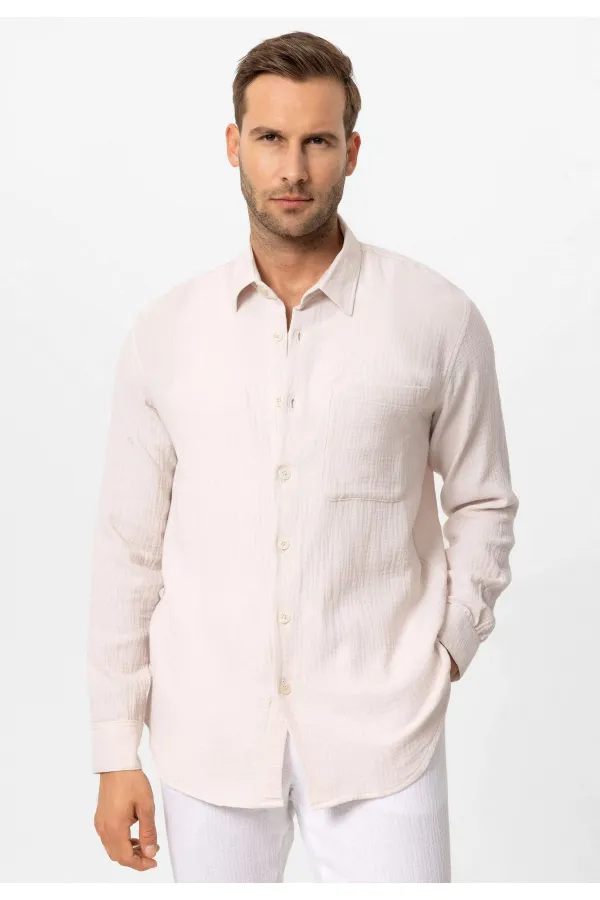 Antioch Ecru Muslin Fabric Long-Sleeve Men's Shirt