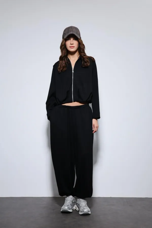 Antioch Siyah Volümlü Ceket Ve Paça Lastikli Eşofman Takım