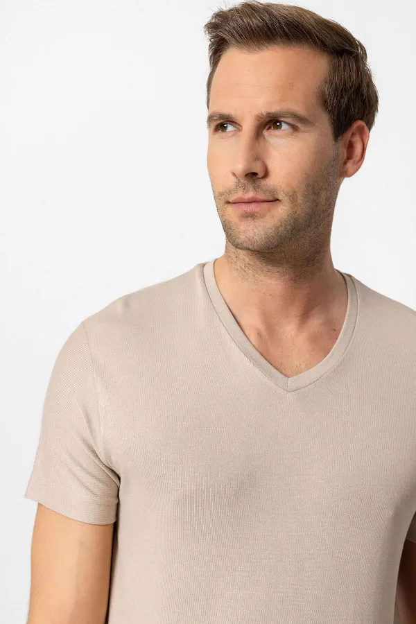 Antioch Açık Bej Basic V Yaka Erkek T-Shirt