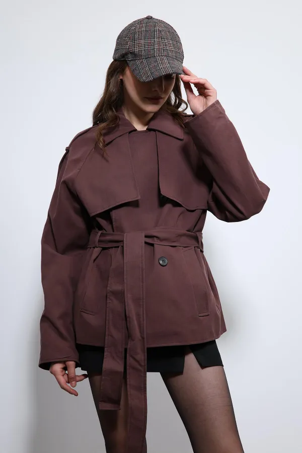 Antioch Bordo Kemerli Kısa Trençkot