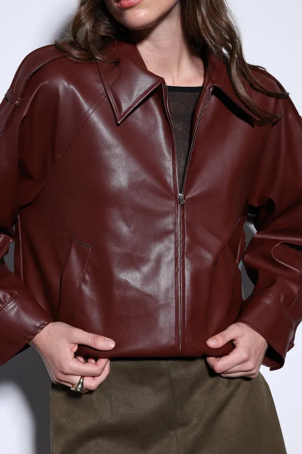 Veste bomber Antioch rouge bordeaux en similicuir