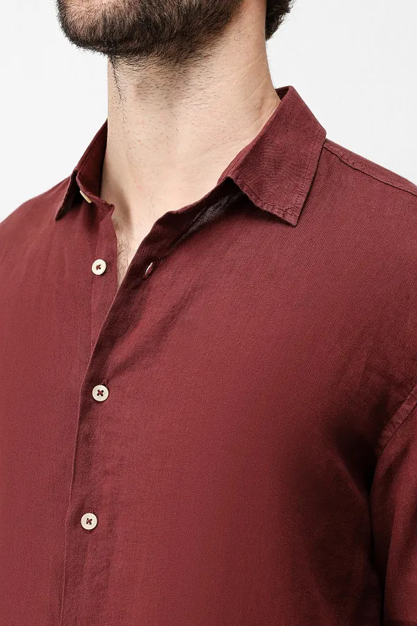 Antioch Bordo 100% Keten Relax Fit Erkek Gömlek