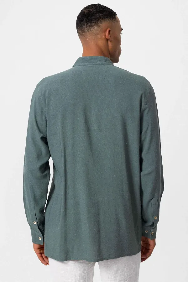 Antioch Khaki Mandarin Collar Long-Sleeved Men's Shirt