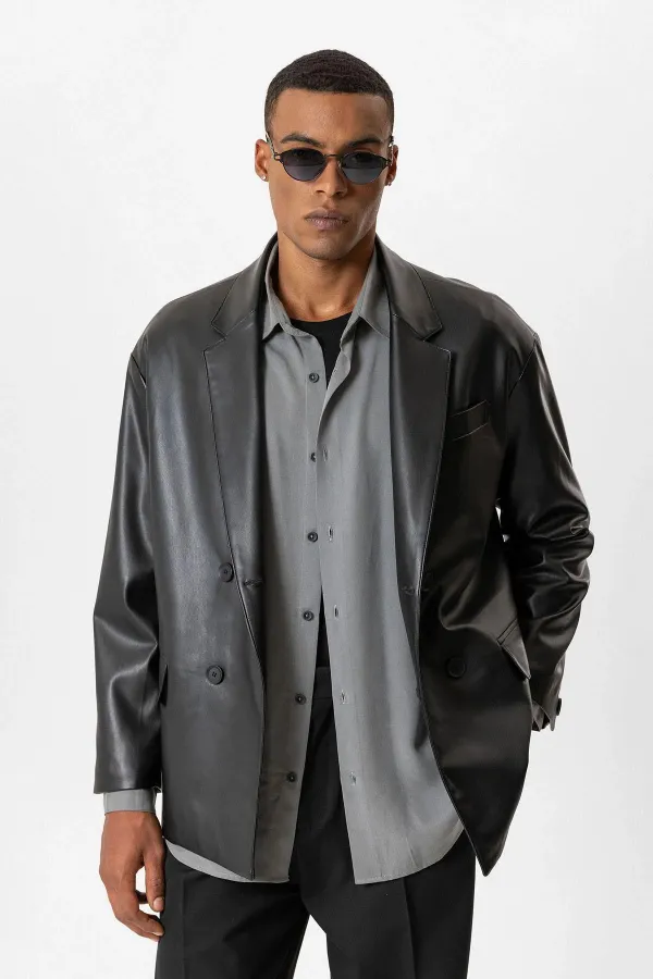 Antioch Siyah Suni Deri Kruvaze Erkek Ceket