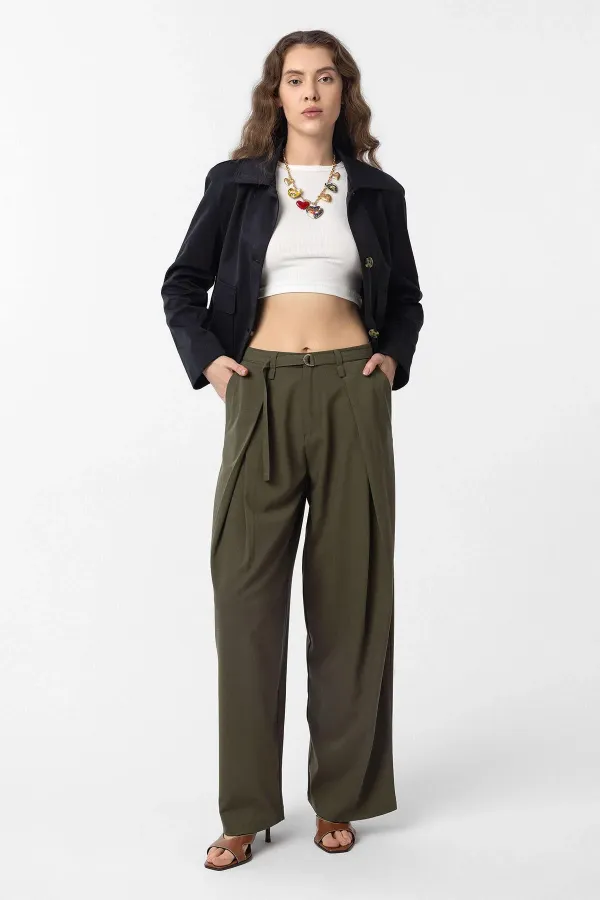 Antioch Khaki Belted Pleated Women's Trousers