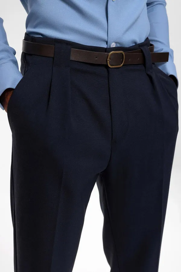 Antioch Lacivert Kemerli Double Paça Pantolon