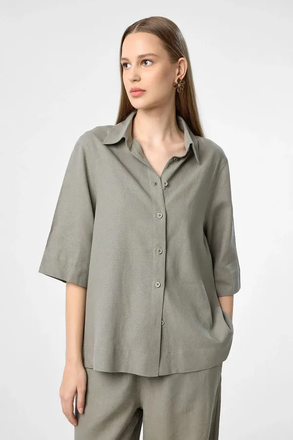 Antioch Khaki Linen Blend Women's Shirt