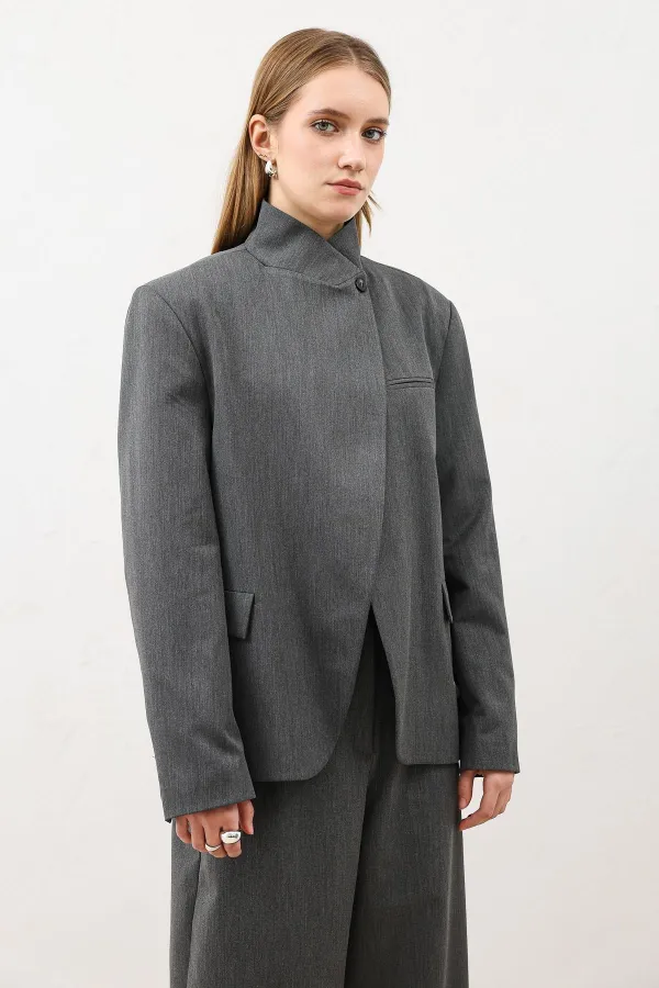 Antioch Gri Dik Yaka Kadın Blazer Ceket