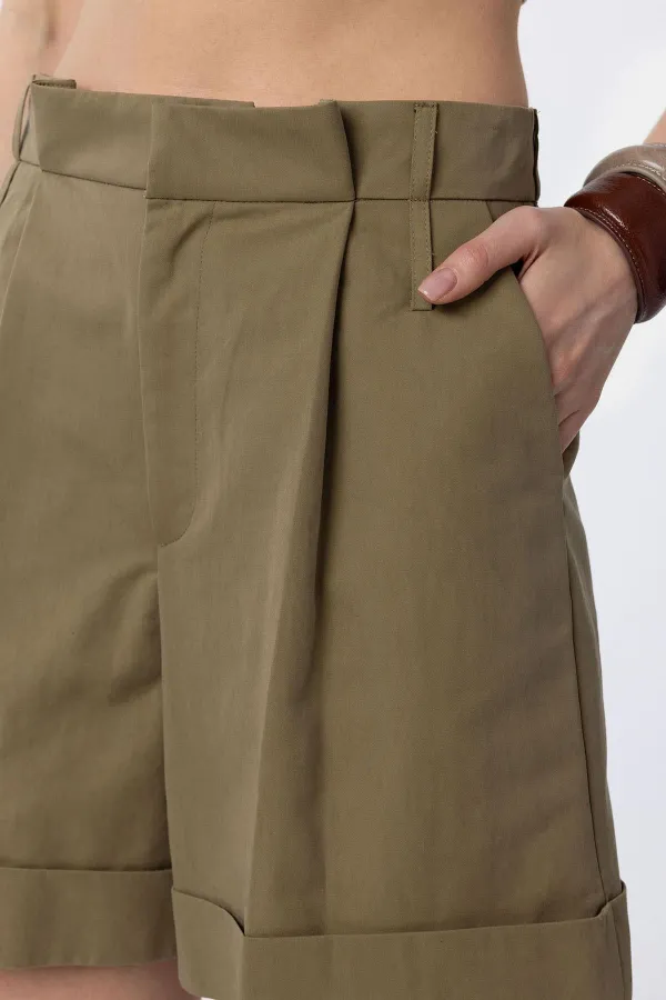 Antioch Haki Yüksek Bel Pensli  Kadın Bermuda Şort