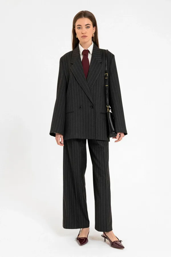 Antioch Black Women's Striped Oversize Blazer Jacket