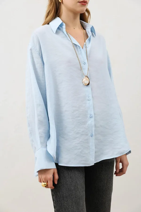 Antioch Bebe Mavi Dökümlü Oversize Kadın Gömlek