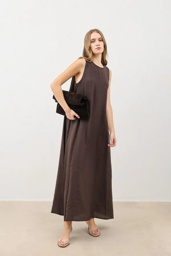 Antioch Dark Brown Draped Halter Neck Midi Dress