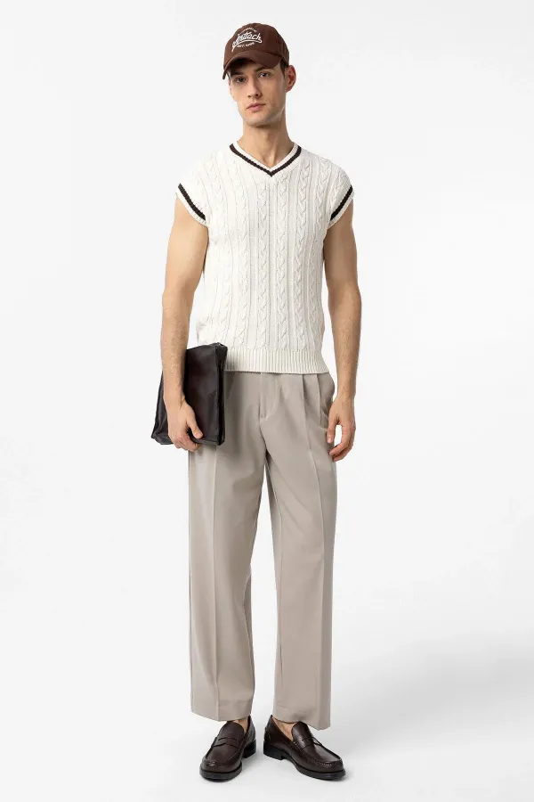 Antioch Ekru 100% Pamuk Örgü Erkek Yelek