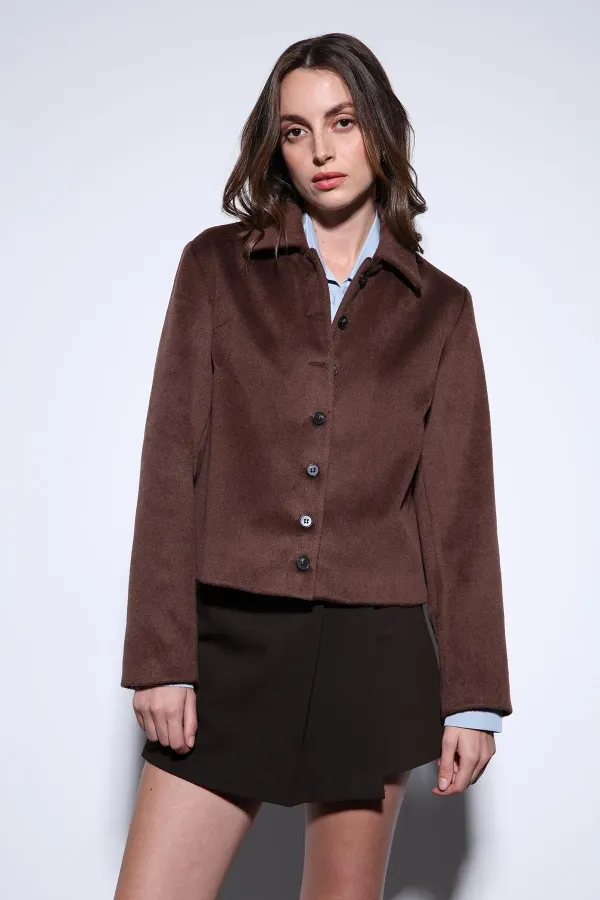 Veste courte en cachemire à col chemise Antioch Coffee