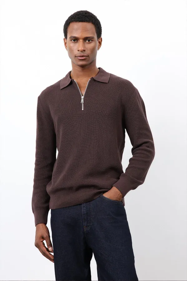 Antioch Kahve Fermuarlı Erkek Triko Kazak