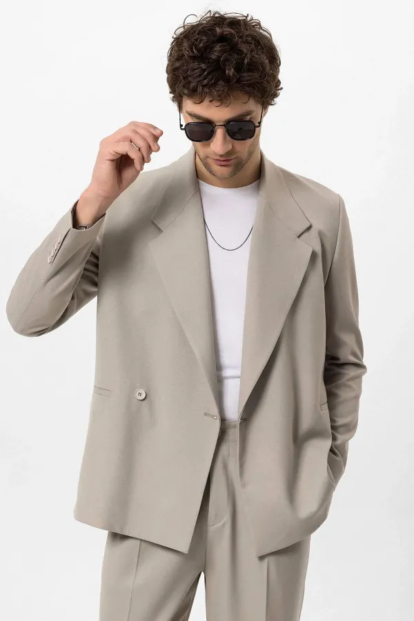 Antioch Beige Double-Breasted Men's Blazer Jacket with Welt Pockets
