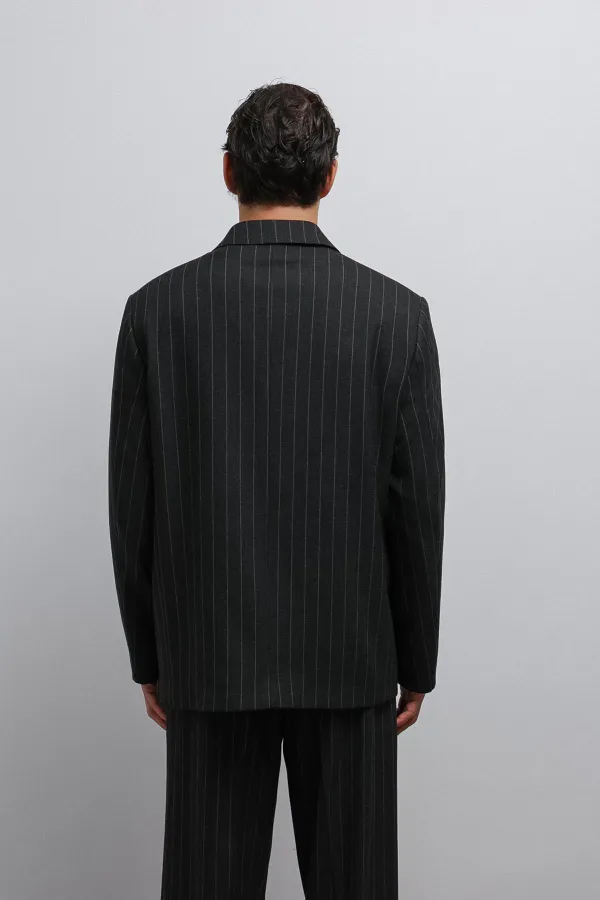 Antioch Black Striped Double-Breasted Men's Blazer Jacket